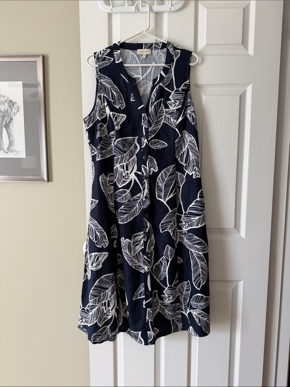 LAURA Sleeveless Navy Leaf-Print Midi Dress